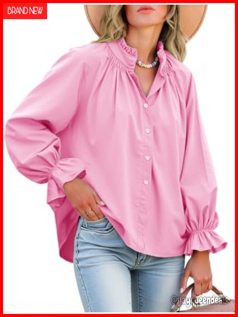 Womens 100% Cotton Puff Long Sleeve Button Down Blouse V Neck Work Top